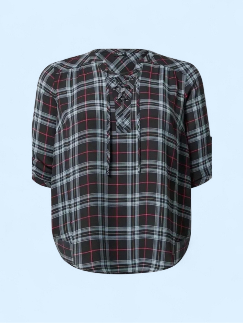 Torrid Black Plaid Lace-Up Front Tunic with Red and Light Blue Accents,2x